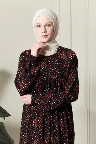 Gathered Yoke Front Buttoned Viscose Fabric Modest Wear Mother Dress Prayer Dress-Floral Pattern Black - 5