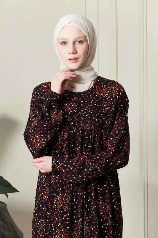 Gathered Yoke Front Buttoned Viscose Fabric Modest Wear Mother Dress Prayer Dress-Floral Pattern Black - 5