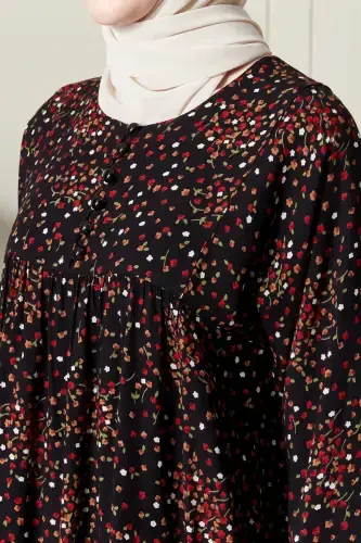 Gathered Yoke Front Buttoned Viscose Fabric Modest Wear Mother Dress Prayer Dress-Floral Pattern Black - 6