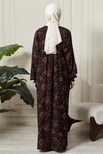 Gathered Yoke Front Buttoned Viscose Fabric Modest Wear Mother Dress Prayer Dress-Floral Pattern Black - 7