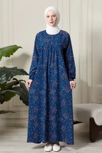 Gathered Yoke Front Buttoned Viscose Fabric Modest Wear Mother Dress Prayer Dress-Floral Pattern Blue2 - 1