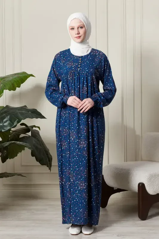 Gathered Yoke Front Buttoned Viscose Fabric Modest Wear Mother Dress Prayer Dress-Floral Pattern Blue2 - 2