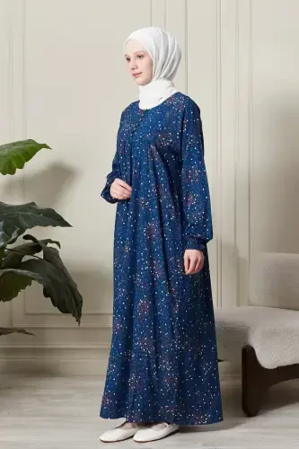 Gathered Yoke Front Buttoned Viscose Fabric Modest Wear Mother Dress Prayer Dress-Floral Pattern Blue2 - 3