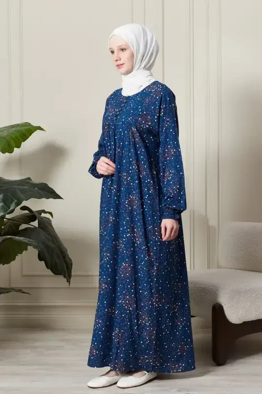 Gathered Yoke Front Buttoned Viscose Fabric Modest Wear Mother Dress Prayer Dress-Floral Pattern Blue2 - 3