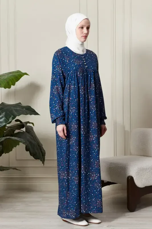 Gathered Yoke Front Buttoned Viscose Fabric Modest Wear Mother Dress Prayer Dress-Floral Pattern Blue2 - 4