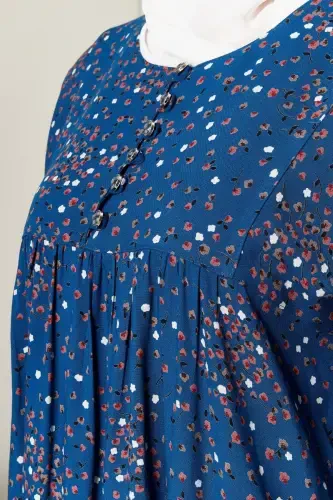 Gathered Yoke Front Buttoned Viscose Fabric Modest Wear Mother Dress Prayer Dress-Floral Pattern Blue2 - 6
