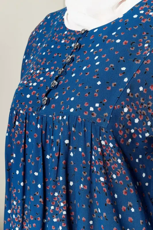 Gathered Yoke Front Buttoned Viscose Fabric Modest Wear Mother Dress Prayer Dress-Floral Pattern Blue2 - 6