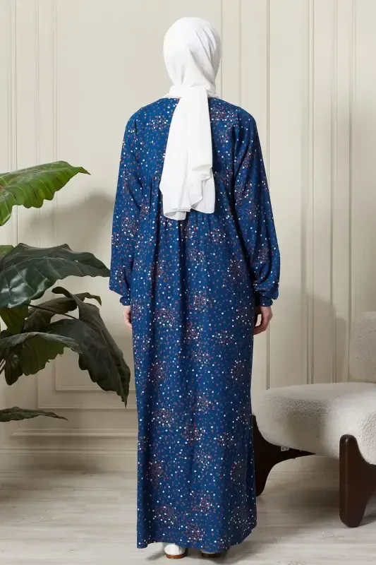 Gathered Yoke Front Buttoned Viscose Fabric Modest Wear Mother Dress Prayer Dress-Floral Pattern Blue2 - 7
