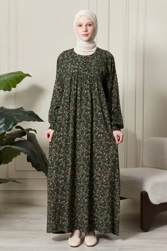 Gathered Yoke Front Buttoned Viscose Fabric Modest Wear Mother Dress Prayer Dress-Shawl Pattern Green - 1