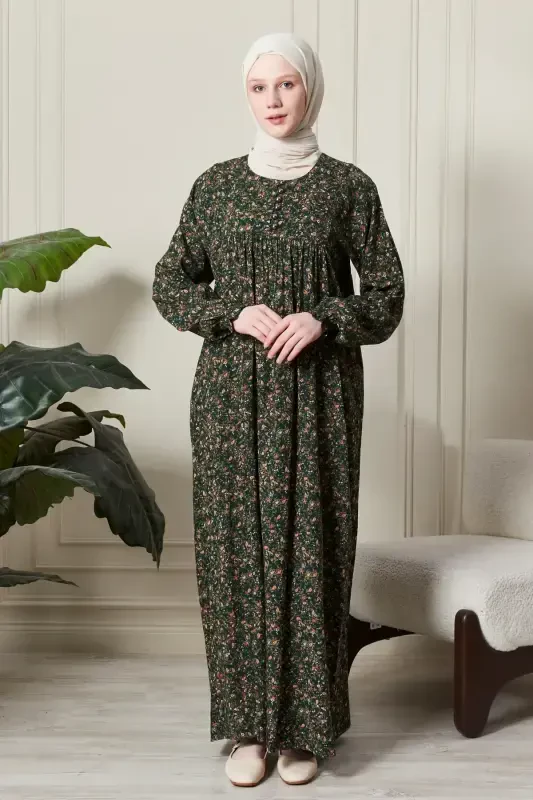 Gathered Yoke Front Buttoned Viscose Fabric Modest Wear Mother Dress Prayer Dress-Shawl Pattern Green - 2