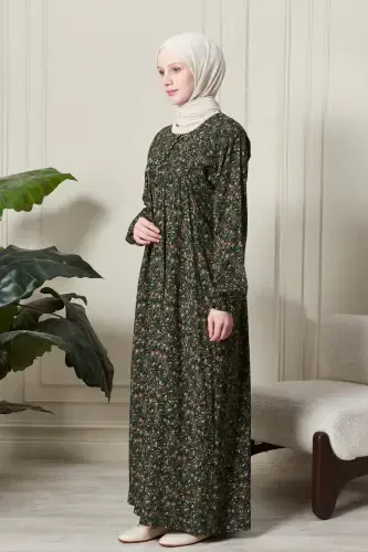 Gathered Yoke Front Buttoned Viscose Fabric Modest Wear Mother Dress Prayer Dress-Shawl Pattern Green - 3