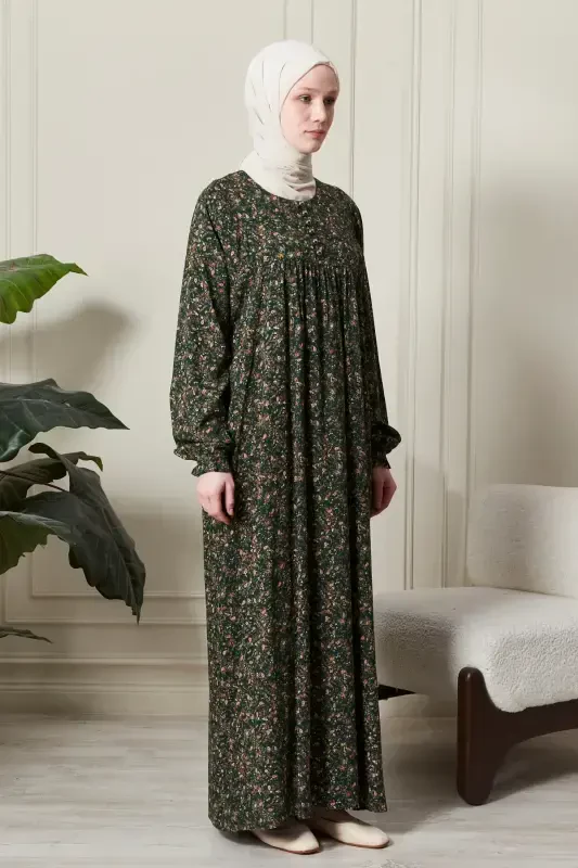 Gathered Yoke Front Buttoned Viscose Fabric Modest Wear Mother Dress Prayer Dress-Shawl Pattern Green - 4