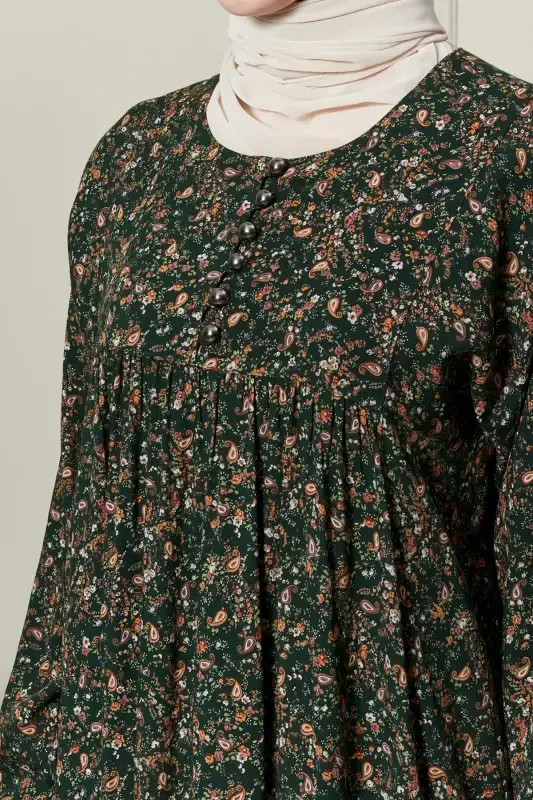 Gathered Yoke Front Buttoned Viscose Fabric Modest Wear Mother Dress Prayer Dress-Shawl Pattern Green - 6