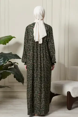 Gathered Yoke Front Buttoned Viscose Fabric Modest Wear Mother Dress Prayer Dress-Shawl Pattern Green - 7