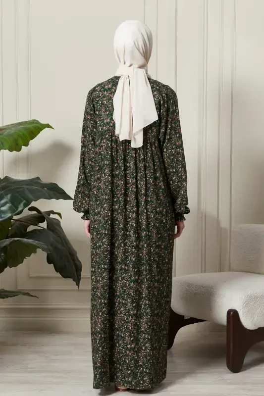 Gathered Yoke Front Buttoned Viscose Fabric Modest Wear Mother Dress Prayer Dress-Shawl Pattern Green - 7