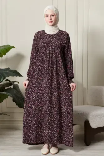 Gathered Yoke Front Buttoned Viscose Fabric Modest Wear Mother Dress Prayer Dress-Shawl Pattern Purple - 1