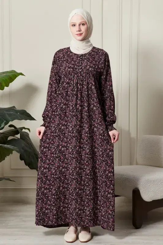 Gathered Yoke Front Buttoned Viscose Fabric Modest Wear Mother Dress Prayer Dress-Shawl Pattern Purple - FISTAN