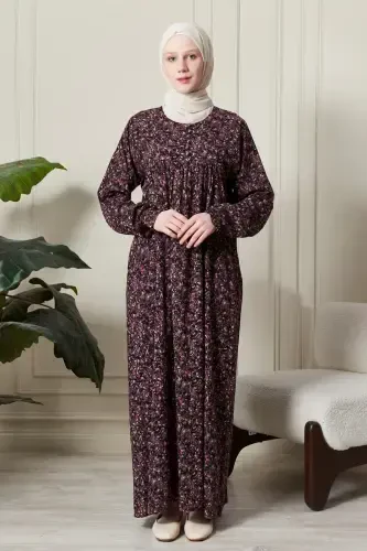Gathered Yoke Front Buttoned Viscose Fabric Modest Wear Mother Dress Prayer Dress-Shawl Pattern Purple - FISTAN (1)