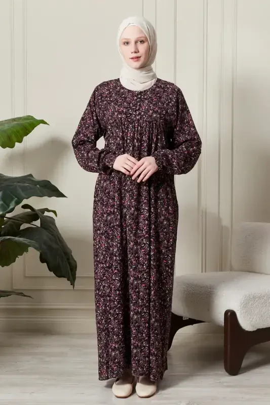 Gathered Yoke Front Buttoned Viscose Fabric Modest Wear Mother Dress Prayer Dress-Shawl Pattern Purple - 2