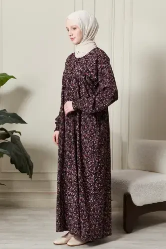 Gathered Yoke Front Buttoned Viscose Fabric Modest Wear Mother Dress Prayer Dress-Shawl Pattern Purple - 3