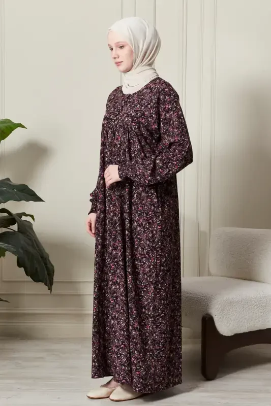 Gathered Yoke Front Buttoned Viscose Fabric Modest Wear Mother Dress Prayer Dress-Shawl Pattern Purple - 3