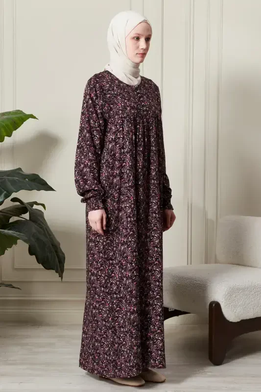 Gathered Yoke Front Buttoned Viscose Fabric Modest Wear Mother Dress Prayer Dress-Shawl Pattern Purple - 4