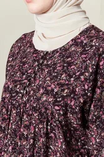 Gathered Yoke Front Buttoned Viscose Fabric Modest Wear Mother Dress Prayer Dress-Shawl Pattern Purple - 5