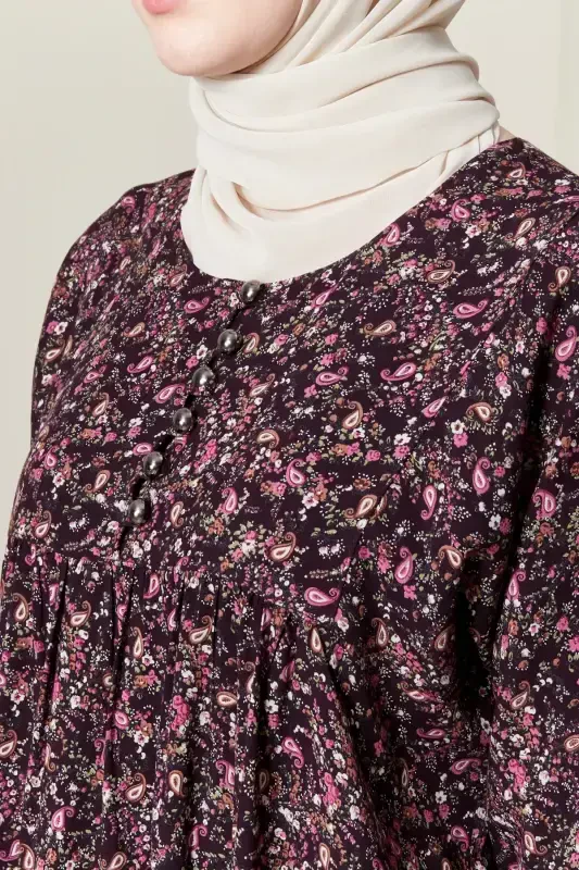 Gathered Yoke Front Buttoned Viscose Fabric Modest Wear Mother Dress Prayer Dress-Shawl Pattern Purple - 5