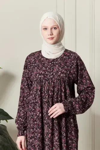 Gathered Yoke Front Buttoned Viscose Fabric Modest Wear Mother Dress Prayer Dress-Shawl Pattern Purple - 6