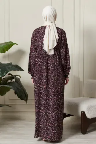 Gathered Yoke Front Buttoned Viscose Fabric Modest Wear Mother Dress Prayer Dress-Shawl Pattern Purple - 7