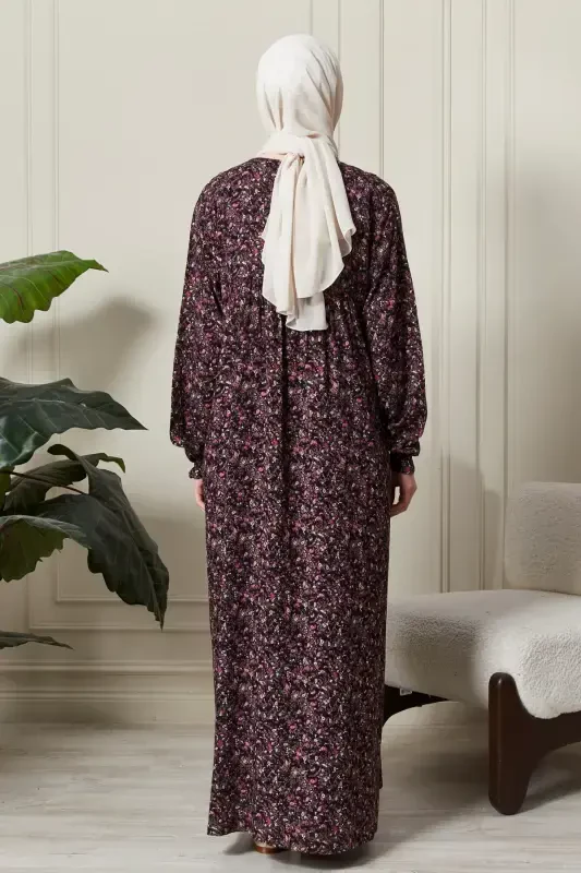 Gathered Yoke Front Buttoned Viscose Fabric Modest Wear Mother Dress Prayer Dress-Shawl Pattern Purple - 7