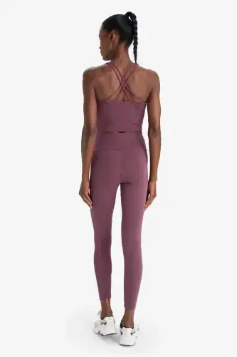 Gathering High Waist Flexible Fabric Basic Sports Tights-Burgundy - 7