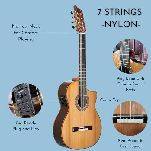 Gayetana Guitars ATTO A77-C 7 Telli Klasik Naylon Gitar Elektro-Akustik | Klasik Ton | Naylon Teller | Elektro Akustik - 3