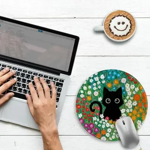 Gctriki Anime Black Cat Mouse Pad 8.6 x 8.6 Inch, Funny Round Mousepad for Gaming Laptop Computer, with Stitched Edge Non-Slip Rubber Base, Cute Cat Flower Home Office Decor Desk Accessories - 3