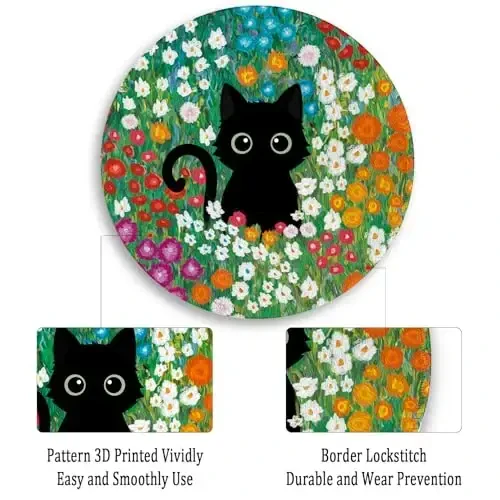 Gctriki Anime Black Cat Mouse Pad 8.6 x 8.6 Inch, Funny Round Mousepad for Gaming Laptop Computer, with Stitched Edge Non-Slip Rubber Base, Cute Cat Flower Home Office Decor Desk Accessories - 5