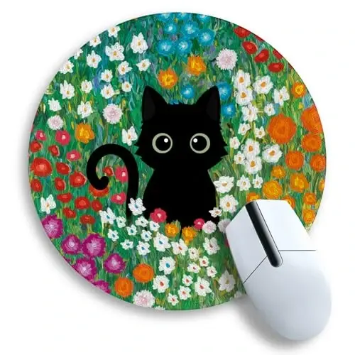 Gctriki Anime Black Cat Mouse Pad 8.6 x 8.6 Inch, Funny Round Mousepad for Gaming Laptop Computer, with Stitched Edge Non-Slip Rubber Base, Cute Cat Flower Home Office Decor Desk Accessories - 1