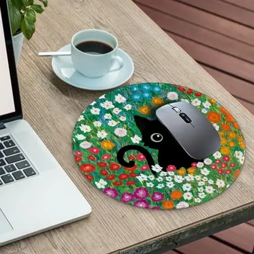 Gctriki Anime Black Cat Mouse Pad 8.6 x 8.6 Inch, Funny Round Mousepad for Gaming Laptop Computer, with Stitched Edge Non-Slip Rubber Base, Cute Cat Flower Home Office Decor Desk Accessories - GCTRIKI (1)