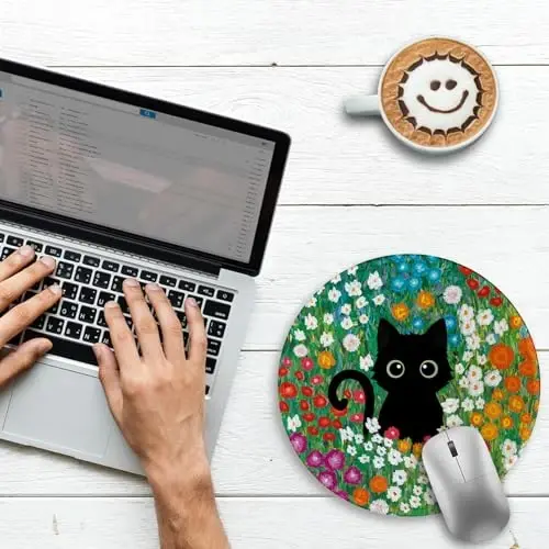 Gctriki Anime Black Cat Mouse Pad 8.6 x 8.6 Inch, Funny Round Mousepad for Gaming Laptop Computer, with Stitched Edge Non-Slip Rubber Base, Cute Cat Flower Home Office Decor Desk Accessories - 3