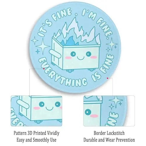 Gctriki Dumpster on Fire Mouse Pad, Cute Light Blue Round Mouse Pads for Desk, Funny Dumpster Mousepad for Laptop Gaming Stitched Edge Non-Slip Rubber Base, Cute Office Desk Accessories Decor - 6