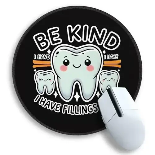Gctriki Dental Tooth Round Mouse Pad with Stitched Edge Non-Slip Rubber Base, Black Mouse Pad for Gaming Laptop Computer, Cute Home Office Desk Accessories Decor, Be Kind I Have Fillings Too - GCTRIKI
