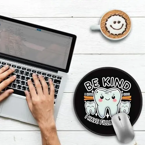 Gctriki Dental Tooth Round Mouse Pad with Stitched Edge Non-Slip Rubber Base, Black Mouse Pad for Gaming Laptop Computer, Cute Home Office Desk Accessories Decor, Be Kind I Have Fillings Too - GCTRIKI (1)