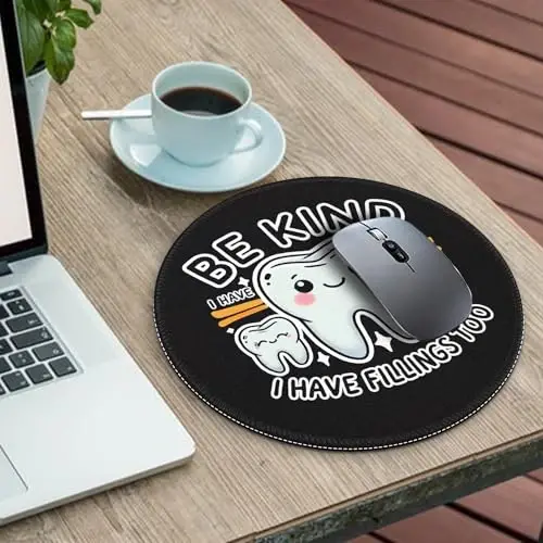 Gctriki Dental Tooth Round Mouse Pad with Stitched Edge Non-Slip Rubber Base, Black Mouse Pad for Gaming Laptop Computer, Cute Home Office Desk Accessories Decor, Be Kind I Have Fillings Too - 3