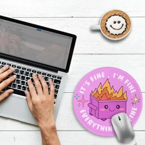 Gctriki Dumpster on Fire Sichqoncha Pad, Stol uchun yoqimli dumaloq sichqoncha yostiqchalari, Kompyuter noutbuki o'yinlari uchun kulgili binafsha sichqoncha, Tikilgan Edge Sirpanmaydigan kauchuk taglik, Ayollar uchun yoqimli ofis stoli aksessuarlari dekorasi - 2