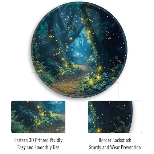 Gctriki Fireflies Forest Dumaloq sichqoncha yostig'i, tikilgan qirrali sirpanmaydigan kauchuk asosli, noutbuk kompyuter stoli o'yinlari uchun kichik sayohat sichqonchasi yostig'i, ayollar uchun yoqimli ofis stoli aksessuarlari dekorasi - 5