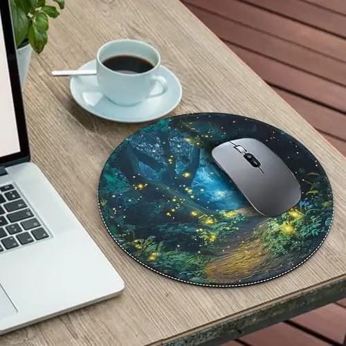 Gctriki Fireflies Forest Round Mouse Pad, with Stitched Edge Non-Slip Rubber Base, Small Travel Mouse Pad for Laptop Computer Desk Gaming, Cute Office Desk Accessories Decor for Women - 3