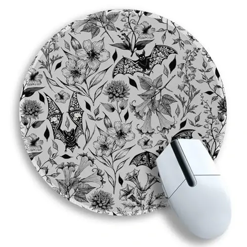Gctriki Goth Floral Bat Mouse Pad for Desk, Funny Round Mousepad for Computer Laptop Gaming Stitched Edge Non-Slip Rubber Base, Gothic Gifts Home Office Desk Accessories Decor Supplies for Women - 1