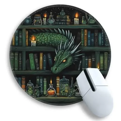 Gctriki Gothic Dragon Small Mouse Pad, Funny Round Mousepad, 8.6 inch | Stitched Edges, Non-Slip, Mouse Pad for Computer Laptop Travel, Office Desk Accessories Decor, Mystical Library Vintage Book - GCTRIKI