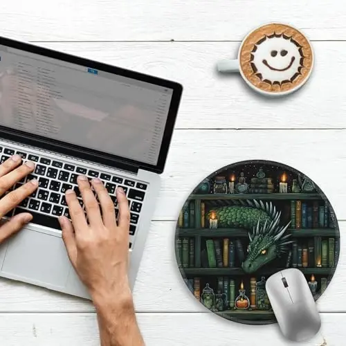 Gctriki Gothic Dragon Small Mouse Pad, Funny Round Mousepad, 8.6 inch | Stitched Edges, Non-Slip, Mouse Pad for Computer Laptop Travel, Office Desk Accessories Decor, Mystical Library Vintage Book - 2