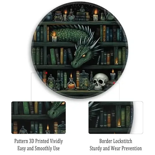 Gctriki Gothic Dragon Small Mouse Pad, Funny Round Mousepad, 8.6 inch | Stitched Edges, Non-Slip, Mouse Pad for Computer Laptop Travel, Office Desk Accessories Decor, Mystical Library Vintage Book - 6
