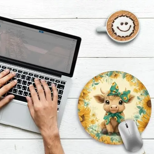 Gctriki Highland Cow Mouse Pad for Desk, Funny Round Mousepad for Laptop Gaming Stitched Edge Non-Slip Rubber Base, Cute Sunflower Bow Highland Cow Decor Gifts Office Desk Accessories for Women - 2